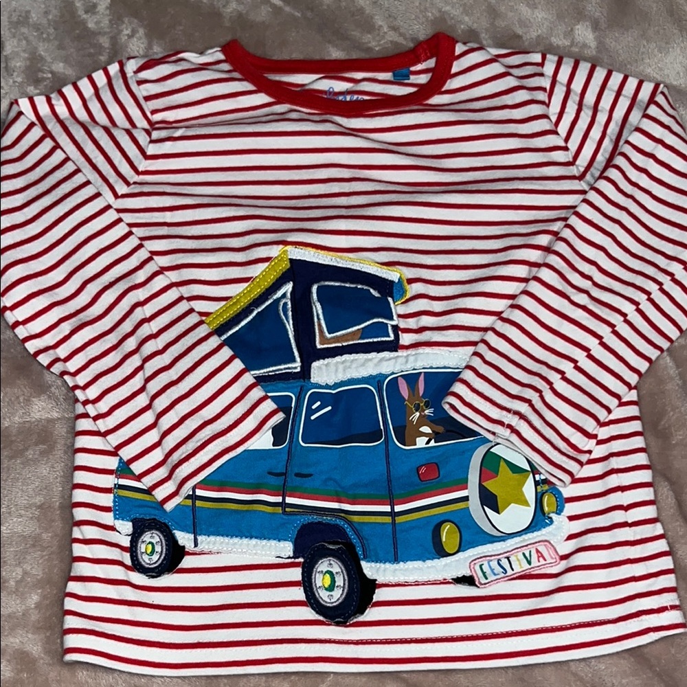 Mini Boden Red and White Striped Kids Shirt with Blue Van Design